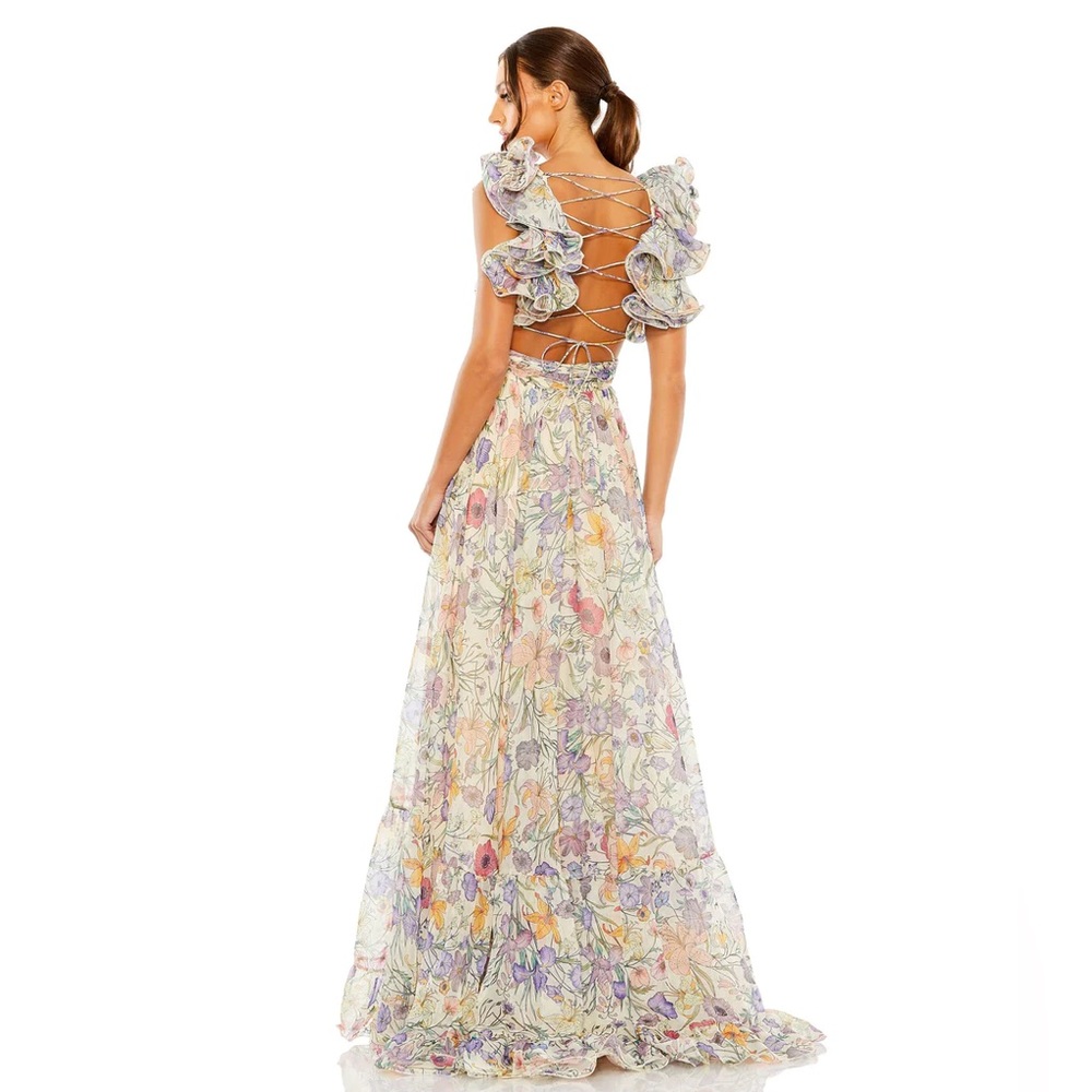 Mac Duggal FLORAL PRINT RUFFLE TIERED CUT-OUT CHIFFON GOWN